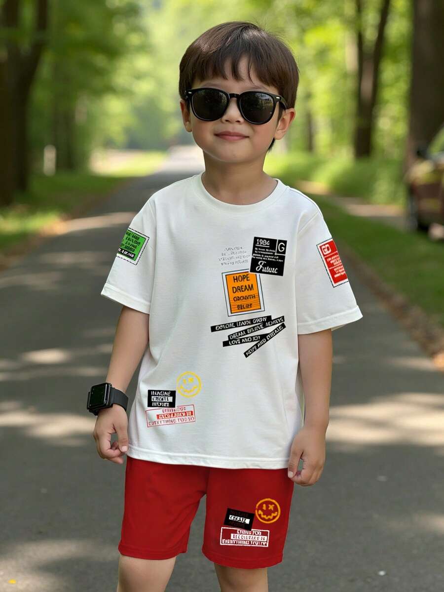 2件套幼儿男童时尚字母印花休闲舒适T恤短裤套装，白色T恤搭配红色短裤，适合所有季节，短袖上衣，百搭 - 紅色 - 查看 1