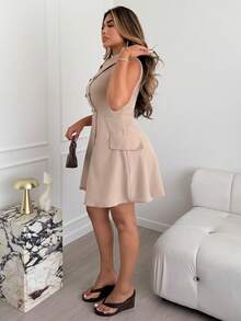 Maria Perezxox Women's Elegant French Style Solid Color Shirt Collar Double Button Waist A-Line Fake Pocket Decor Sleeveless Casual Vacation Mini Dress - Khaki - View 5