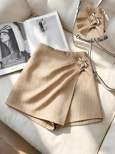 Franclia Falda pantalón casual con envolvente a rayas y botón decorativo para mujer