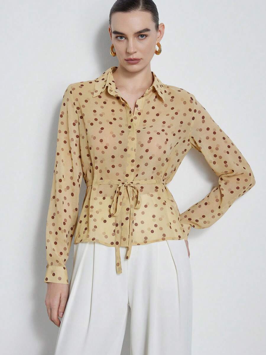 Aveloria Modichic Elegant Commuter Long Sleeve Shirt, Random Water Print Polka Dot Lace-Up, Fashionable & Versatile, Autumn/Winter - Multicolor - View 1