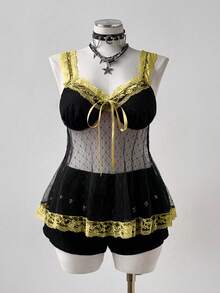 Nueva elegante y dulce blusa de encaje transparente con adorno de lazo y volantes, ideal para primavera/verano/otoño - Amarillo - Ver 3