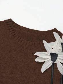 Franclia Autumn/Winter New Loose Versatile 3D Floral Crew Neck Sleeveless Knit Vest Paired With A-Line Knit Midi Skirt Women 2-Piece Set - Coffee Brown - View 7