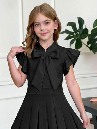 SHEIN Áo kiểu nữ tuổi teen, màu trơn, chất liệu dệt kim, viền bèo nhún, trang trí nơ lớn, kiểu dáng thanh lịch, phong cách nghỉ mát Pháp, thích hợp cho mùa tựu trường.