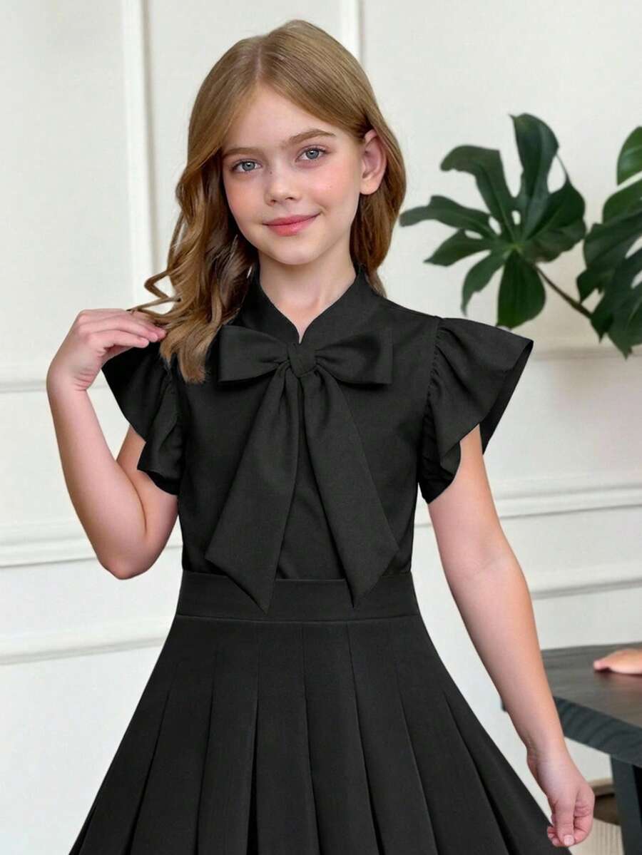 SHEIN Áo kiểu nữ tuổi teen, màu trơn, chất liệu dệt kim, viền bèo nhún, trang trí nơ lớn, kiểu dáng thanh lịch, phong cách nghỉ mát Pháp, thích hợp cho mùa tựu trường. - màu đen - Xem 1