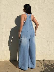 Sunnyshic Bộ áo liền quần denim cạp cao ôm dáng dành cho nữ cỡ lớn, kiểu quần yếm ống đứng rộng rãi thoải mái phong cách cao bồi mùa hè. - Rửa nhẹ - Xem 2