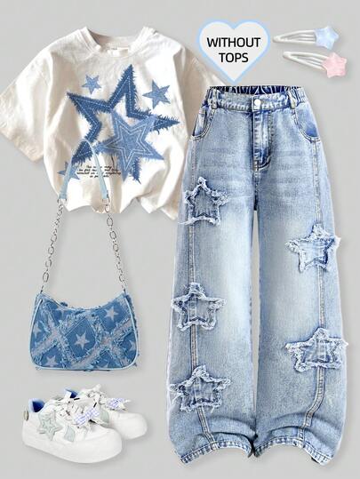 SHEIN Tween GirlsNew Fashion Distressed Snowflake Embroidered Wide-Leg Jeans