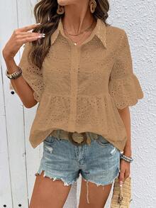 Breezaya Embroidered Shirt, Open Front Shirt, Embroidered Placket Shirt, Casual Shirt - Khaki - View 6