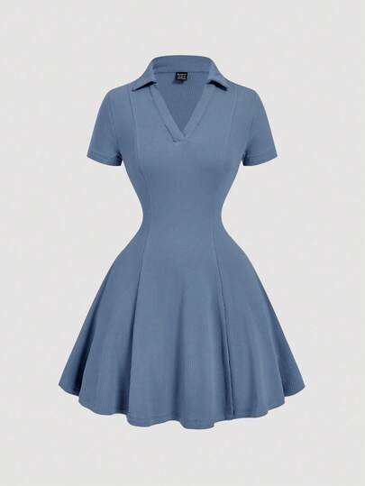 SHEIN MOD Vintage Blue Ruffle Collar Knitted Mini Dress - Preppy Style, 70s, Casual, Comfortable, Commuting, Old Money Aesthetic, Perfect For School Attire, Teaching Outfits, And Office Wear ,Summer Dress,Spring Dresses For Women