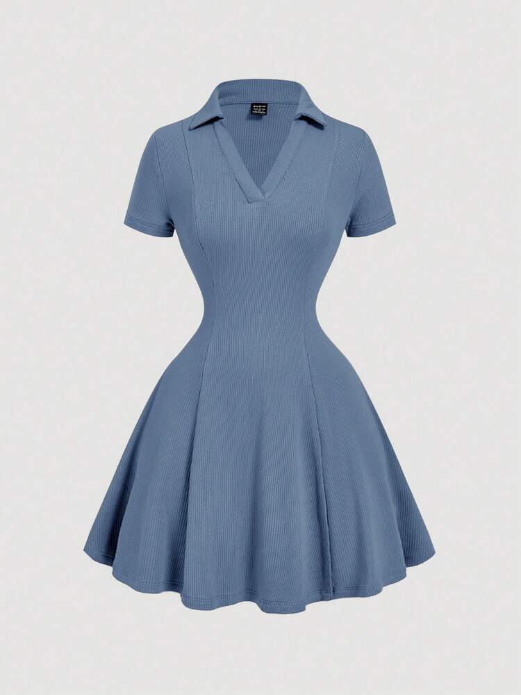 SHEIN MOD Women's Navy Blue Summer Casual Polo Dress,Vintage
