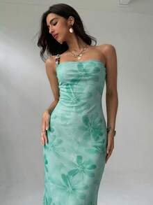 Aloruh Rochie elegantă cu imprimeu floral, pe un umăr, ținute casual și de petrecere - Verde - Vizualizare 3