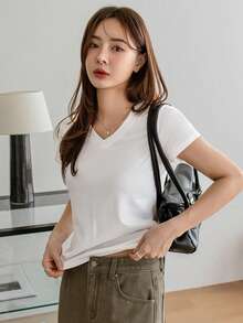 Dazy-Less Solid Color V-Neck Short Sleeve Casual T-Shirt Old Money Style Summer Business Casual Woman Work Clothes - White - View 9