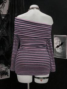 Sunspun 大码女式性感条纹不对称肩长袖休闲条纹面料高弹舒适街头时尚短款灰色连衣裙 - 彩色 - 查看 2