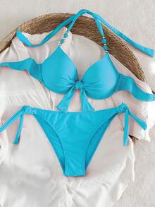 Swim Vcay Bộ bikini gợi cảm dành cho nữ, thích hợp cho kỳ nghỉ hè, kiểu dáng xếp ly, thắt nút, đính hạt, cổ yếm, có gọng và đệm mút, thích hợp cho kỳ nghỉ biển. - Màu xanh lam - Xem 5
