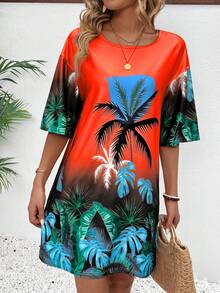 Breezaya 女士夏季海滩度假风印花短袖宽松迷你连衣裙度假海滩套装 - 紅色 - 查看 5