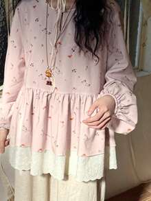 FRIFUL 女士休闲度假风碎花镂空领灯笼袖荷叶边上衣，春秋季 - 卡其色 - 查看 3