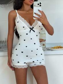 SHEIN 女士心形印花蝴蝶结蕾丝拼接休闲连体裤 - 彩色 - 查看 4