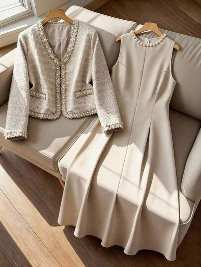 GlowEve CURVE 2pcs Plus Size Women Elegant Black Contrast Pearl Beaded Trim V-Neck Long Sleeve Cardigan Jacket And Round Neck Pearl Decor Maxi Dress Set, Suitable For Autumn/Winter Casual, Commute, Party Formal