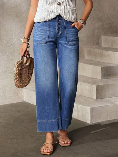 EMERY ROSE Damjeans med raka ben och fickor i kontrastfärg för casualbruk