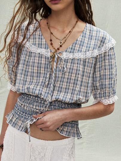 SoleilVie Women's Fresh Plaid V-Neck Blouse - Lace-Trim Short Sleeves Elastic-Waisted Ruched Top Lightweight Summer Shirt Peasant Blouse Boho Shirts Western Tops Cottagecore Clothes Plaid Top