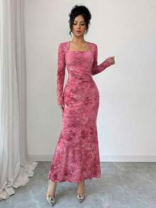 SHEIN Elenzya Đầm midi đuôi cá thanh lịch thắt eo, cổ thiên nga, in họa tiết hoa dành cho nữ, thích hợp cho các bữa tiệc và sự kiện. - Nhiều màu - Xem 8