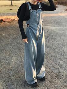 FRIFUL 女士休闲日常通勤时尚街头宽松阔腿牛仔连体裤 - 藍色 - 查看 1