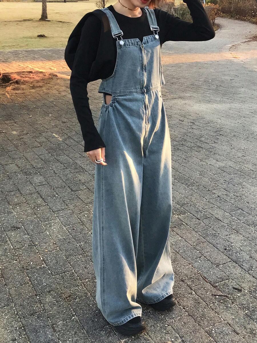 FRIFUL 女士休闲日常通勤时尚街头宽松阔腿牛仔连体裤 - 藍色 - 查看 1