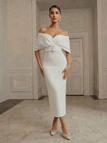 Anewsta فستان ضيق مناسب للخصر بياقة على الكتف وياقة على شكل حرف V للنساء - أبيض - مشاهدة 1