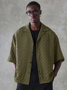 SUMWON Camicia a maniche corte con colletto alla coreana, in tessuto seersucker strutturato, vestibilità crop, con vestibilità rilassata e oversize, adatta per l'estate e il tempo libero - Verde - Visualizzare 2