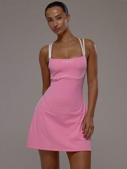 Musera Sport Contrast White Seam Cross Back Active Tennis Dress Sport Workout Gym Pilates Fitness Daily Girly Casual Hot Sweat