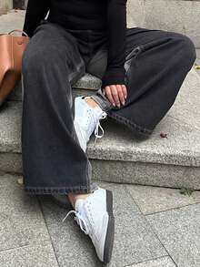 Dazy Plus 大码女式复古撞色水洗宽松直筒百搭牛仔裤，四季皆宜 - 灰色 - 查看 2