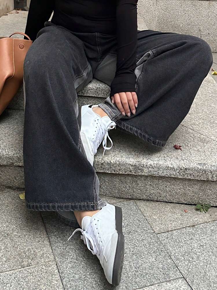 Dazy Plus Plus Size Women Retro Color Block Washed Loose Straight Leg Versatile Jeans, All Season