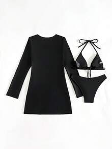 Bonvoyette 2026新款女士夏季沙滩度假纯色椰树图案长袖罩衫，挂脖三角杯系带性感泳衣三件套 - 黑色 - 查看 2