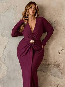 Roveilla 大码女式紫色束腰金属扣奢华长裙，深V领法式优雅修身针织连衣裙，简约低调女式连衣裙，派对性感优雅连衣裙，奢华裹身连衣裙，高开衩长袖优雅连衣裙，派对圣诞红色 - 紫羅蘭色 - 查看 3