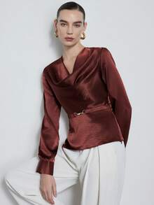 Aveloria Modichic Women's French Ruffled Collar Satin High-End Cinched Waist Shirt - Burgundy - View 4