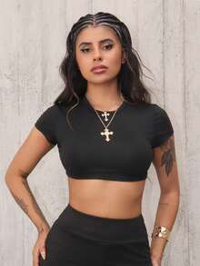 女士休闲简约纯色圆领短袖短款修身 T 恤，夏季 - 黑色 - 查看 6