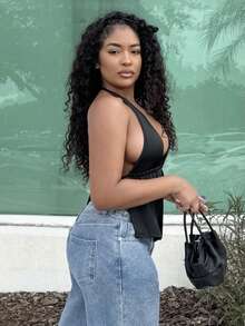 Alexandranx Schwarzes Trägertop mit Schlitz vorne, rückenfrei, geknoteter Neckholder für den Sommer - Schwarz - Übersicht 5