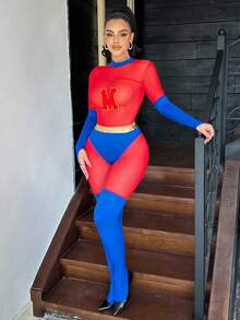 Fantasy Costume Fantasy Costume 三件套超级英雄服装：撞色网纱连体衣+内衣+手套，女士派对/音乐节/夜店角色扮演服装 - 紅色 - 查看 5