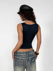 StreetHx Women's Black Square Neck Metal Decor Y2K Baddie Punk Rock Fitted Comfortable Layering Camisole, Halloween 2000s Style Streetwear Sleeveless - Navy Blue - View 2