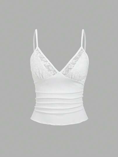 Sweetra 女士白色蕾丝拼接吊带背心，V领细肩带修身款，夏季休闲优雅度假Y2K风上衣，夏季派对装扮，沙滩装扮，外出装扮，优雅女士上衣，度假装扮，女士休闲上衣，白色上衣