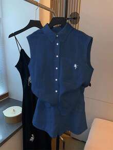 GlowEve 2件套 女士休闲度假刺绣无袖上衣+短裤 - 藏蓝色 - 查看 1