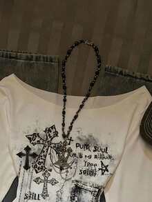 SHEIN EZwear Áo thun nữ tay dài dáng rộng, bất đối xứng vai, in hình dây xích cổ điển, phong cách retro Y2K Punk Goth Grunge Streetwear, phù hợp mọi mùa, đi học, hip-hop, đi club. - Nhiều màu - Xem 8