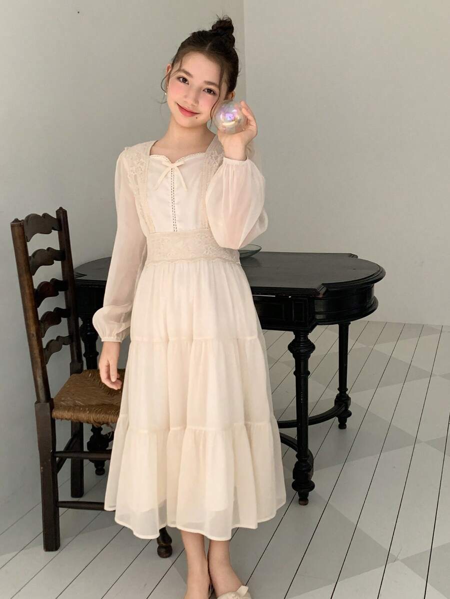 DAZY 少女优雅撞色蕾丝网纱灯笼袖连衣裙，秋季 - 杏色 - 查看 1