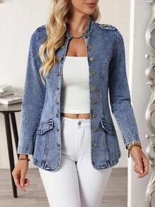 EMERY ROSE Plus Size Women's Casual Single-Breasted Denim Jacket, Autumn - Blue - View 6