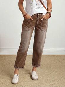 EMERY ROSE Plus Size Women Casual Everyday Commute Patchwork Pocket Washed Straight Leg Jeans - Camel - View 4