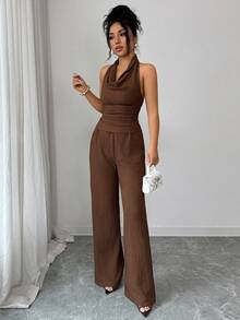 Elenzga 新款上市套装，复古棕色波浪针织纹理面料，优雅休闲高端设计，垂褶领口无袖褶皱上衣搭配松紧腰直筒阔腿裤，女士两件套，百搭造型 - 棕色 - 查看 6