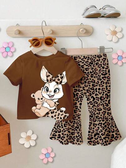 1 set flickor söt kaninöron leopardmönster rund hals kortärmad t-shirt och stickade leggings söt outfit, leopardmönster t-shirt set, tecknat kaninmönster kläder
