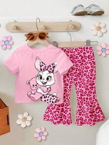 一套女婴可爱兔耳豹纹圆领短袖T恤和喇叭裤套装 - 彩色 - 查看 1