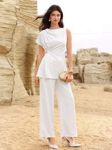 Modelyn 不对称荷叶边袖口水钻纽扣白衬衫 - 白色 - 查看 4