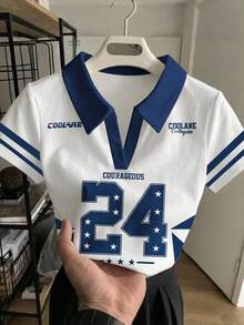 Resyla Women's Casual Polo Collar Numeric Print Short Sleeve Top - Multicolor - View 1