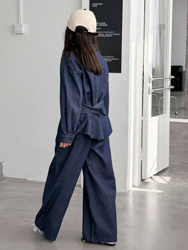 Tween Girl Solid Color Wrap Long Sleeve Top And Jeans Pants Casual Suit